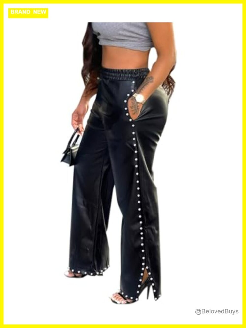 Women's PU Faux Leather Pants Elastic High Waist Straight Wide Leg Pearls
